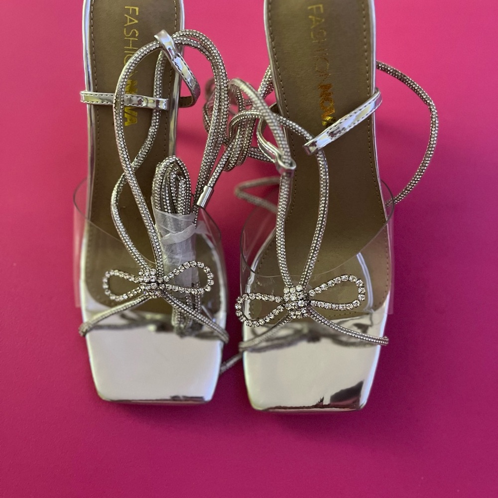 Fashion Nova Silver Rhinestone Strappy Heels